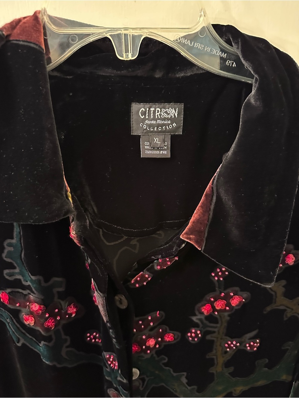 Citron Black Velvet Shirt with Red Embroidered Floral Accents - Picture 3 of 5